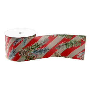 Festive Red Stripe Pine Spruce Cones Kraft Holiday Grosgrain Ribbon