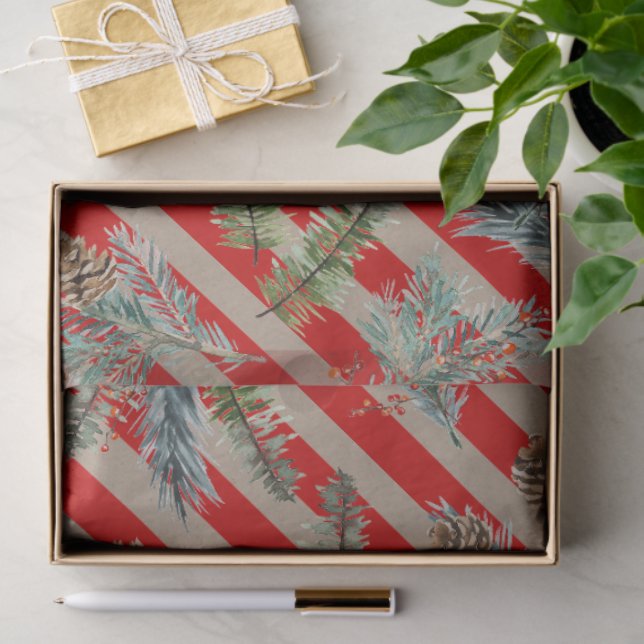 Festive Red Stripe Pine Spruce Cones Kraft Holiday Tissue Paper (Gift)
