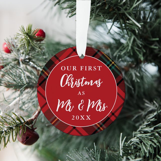 Festive Red Tartan Newlyweds First Christmas Photo Ornament (Creator Uploaded)