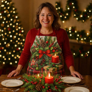 Festive Red Tartan & Pine Christmas Apron