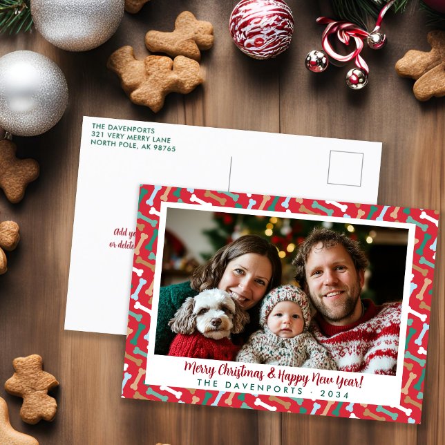 Festive Red & Teal Dog Bones Pattern Family Photo Holiday Postcard (Festive Red & Teal Dog Bones Pattern Family Photo Holiday Postcard)