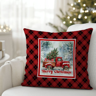 Festive red truck Christmas scene rustic bold Cushion