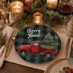 Festive Red Truck with Christmas Tree Paper Plates