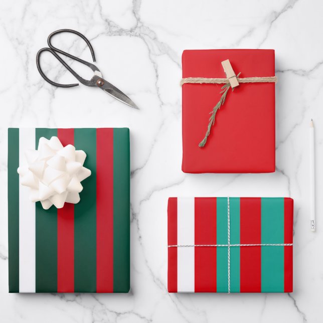 Festive Red White and Green Striped Christmas  Wrapping Paper Sheet (Front)