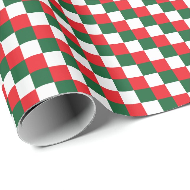 Festive Red, White, and Green Tri-Colour Checks Wrapping Paper (Roll Corner)