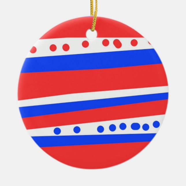 Festive Red White Blue Circles Stripes Ceramic Tree Decoration (Front)