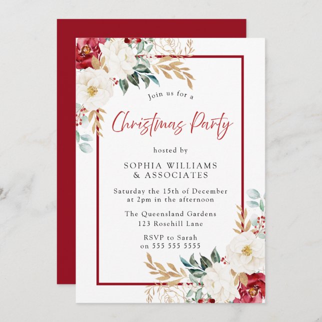 Festive Red White Floral Christmas Party Invitation (Front/Back)