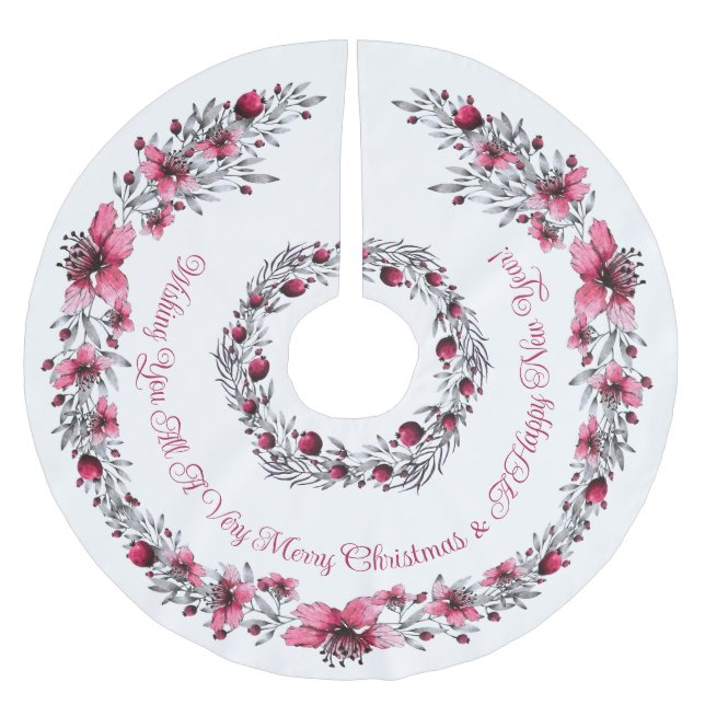 Festive, Red, White, Floral, Merry Christmas Brushed Polyester Tree Skirt (Front)
