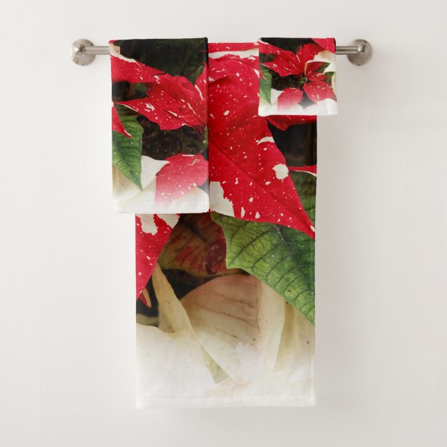 Festive Red White Floral Poinsettia Flowers Bath Towel Set (Insitu)