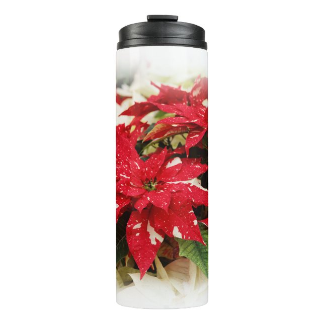 Festive Red White Floral Poinsettia Flowers Thermal Tumbler (Front)