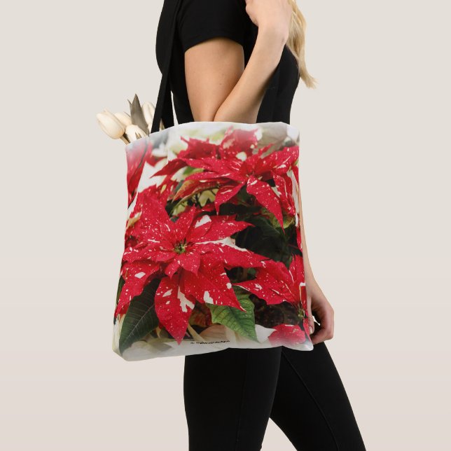 Festive Red White Floral Poinsettia Flowers Tote Bag (Close Up)