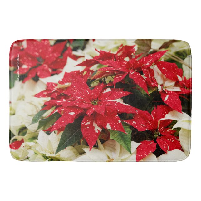Festive Red White Floral Poinsettias Bath Mat (Front)
