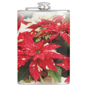 Festive Red White Floral Poinsettias Hip Flask