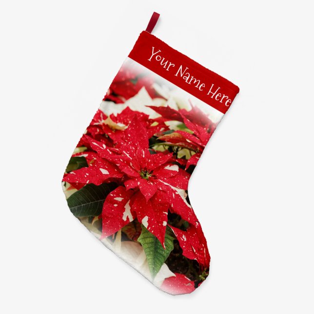 Festive Red White Floral Poinsettias Large Christmas Stocking (Front (Hanging))