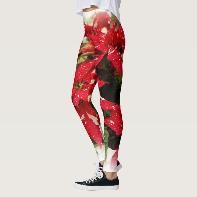 Festive Red White Floral Poinsettias Leggings (Left)