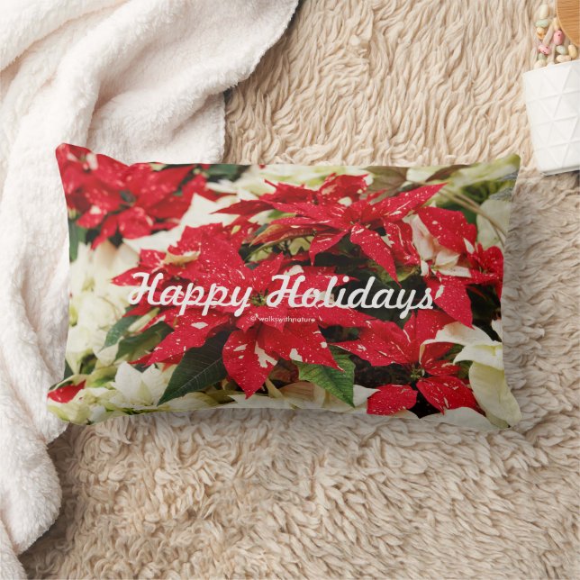 Festive Red White Floral Poinsettias Lumbar Cushion (Blanket)