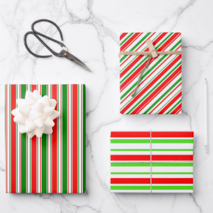 Festive Red, White, Green Coloured Lined Patterns Wrapping Paper Sheet