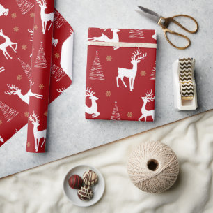 Festive Red White Reindeer Christmas Tree Holiday Wrapping Paper
