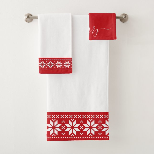 Festive Red White Scandinavian Pattern Christmas Bath Towel Set (Insitu)