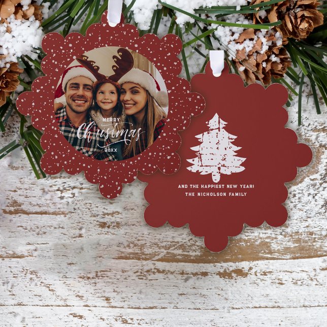 Festive Red White Snow Merry Christmas Photo Tree Decoration Card (Creator Uploaded)
