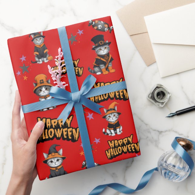 Festive red Witch Cats in Halloween Disguise Wrapping Paper (Gifting)
