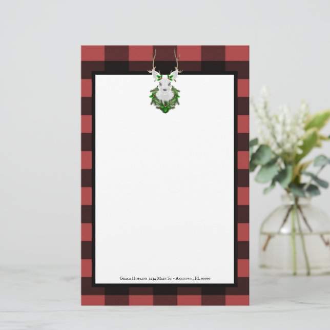Festive Reindeer Buffalo Plaid Personalised Stationery (Standing Front)