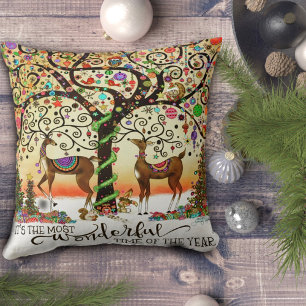 Festive Reindeer Christmas Tree Fun Holiday Cushion