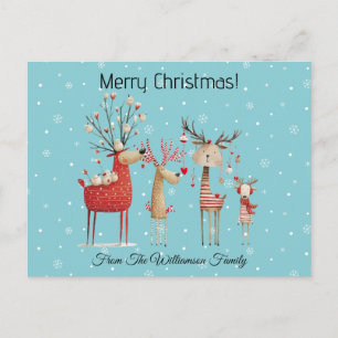 Festive Reindeer Family Merry Christmas Snowflakes Postcard