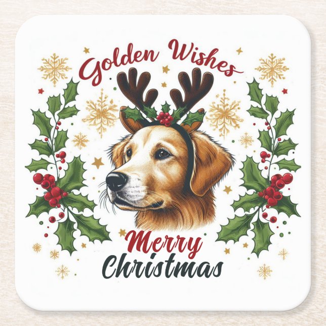 Festive Reindeer Golden Retriever Dog Christmas Square Paper Coaster (Front)