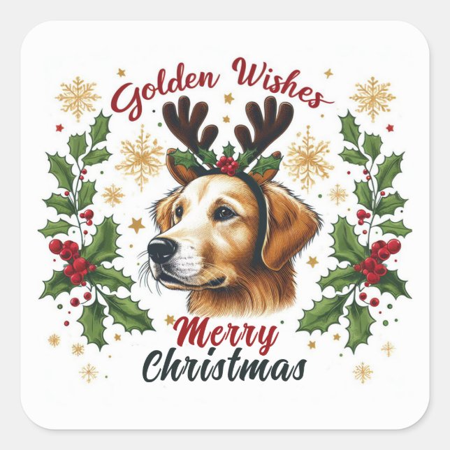 Festive Reindeer Golden Retriever Dog Christmas Square Sticker (Front)