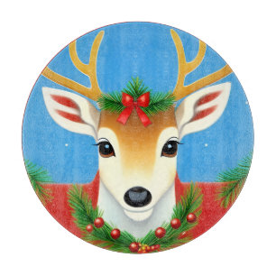 Festive Reindeer Holiday Wreath Winter Kitchen Joy Cutting Board