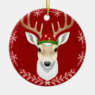 Festive Reindeer Illustration with Red Background Ceramic Tree Decoration