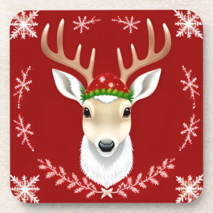 Festive Reindeer Illustration with Red Background Coaster