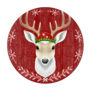 Festive Reindeer Illustration with Red Background Cutting Board