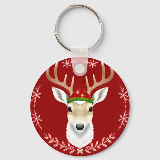 Festive Reindeer Illustration with Red Background Key Ring (Front)