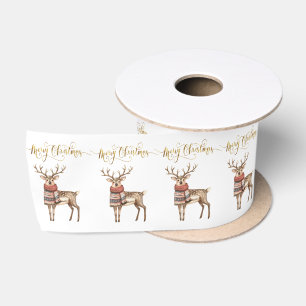 Festive Reindeer in a sweater Merry Christmas Satin Ribbon