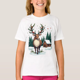 Festive Reindeer in Snowy Cabin Woods T-Shirt