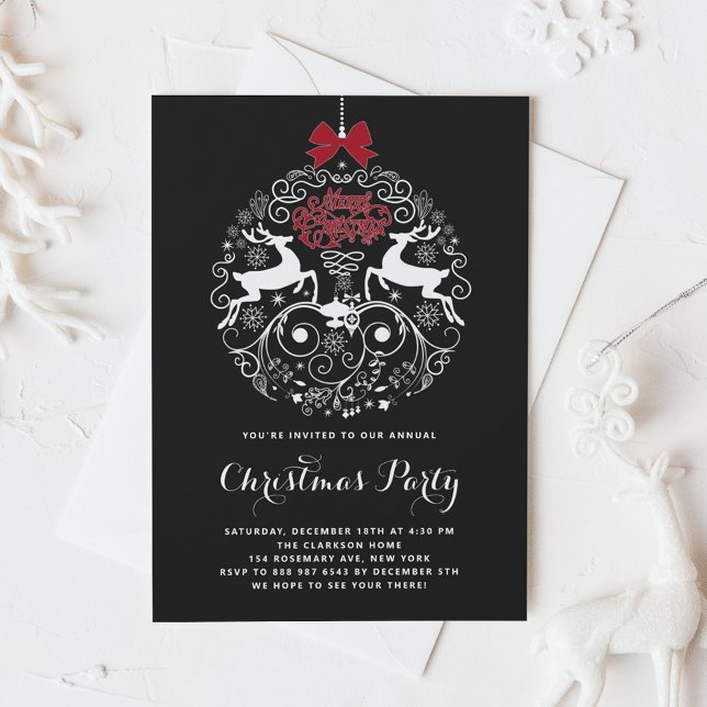 Festive Reindeer Ornament Black Christmas Party Invitation (Creator Uploaded)