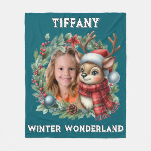 Festive Reindeer Photo Christmas Wreath Teal Blue  Fleece Blanket