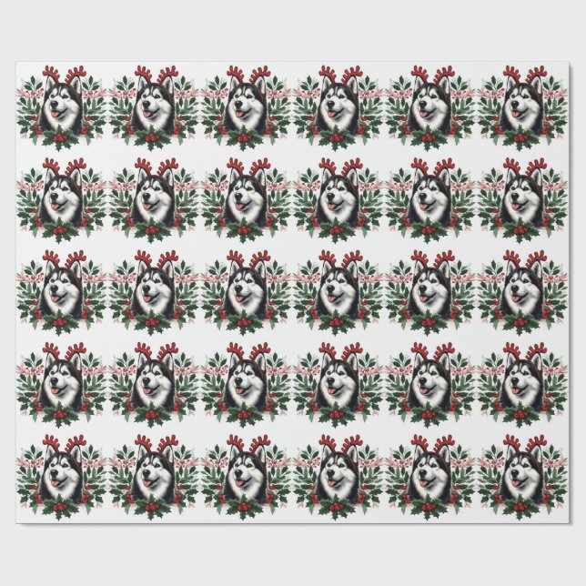 Festive Reindeer Siberian Husky Dog Christmas Wrapping Paper (Flat)