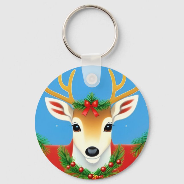 Festive Reindeer with Holiday Wreath Key Ring (Front)
