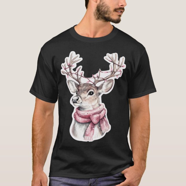 Festive Reindeer With Pink Scarf And Lights T-Shirt (Front)