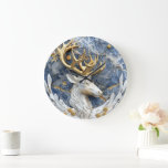 Festive Reindeer Wonderland Scene Large Clock<br><div class="desc">A beautifully crafted clock features a majestic deer with golden antlers set against a stunning blue marble background.</div>