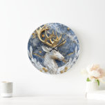 Festive Reindeer Wonderland Scene Large Clock<br><div class="desc">A beautifully crafted clock features a majestic deer with golden antlers set against a stunning blue marble background.</div>
