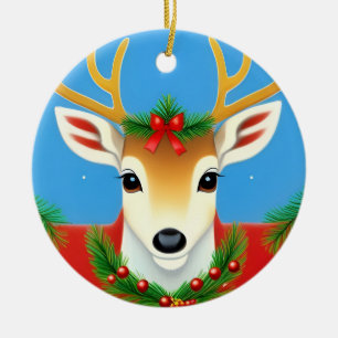 🎄 Festive Reindeer Wreath Glow ❄️ Holiday Ceramic Tree Decoration