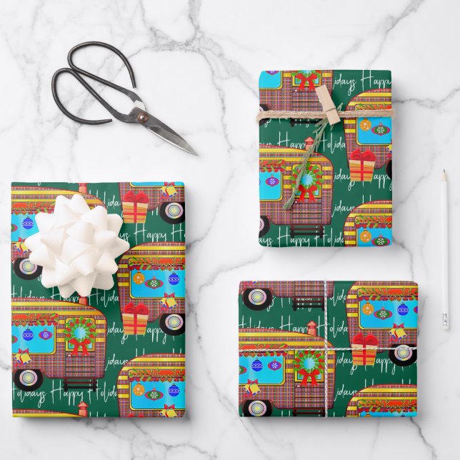 Festive Retro Camper Happy Holidays Wrapping Paper Sheet (Front)