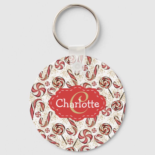 Festive Retro Candy Canes Pattern Monogram Key Ring (Front)