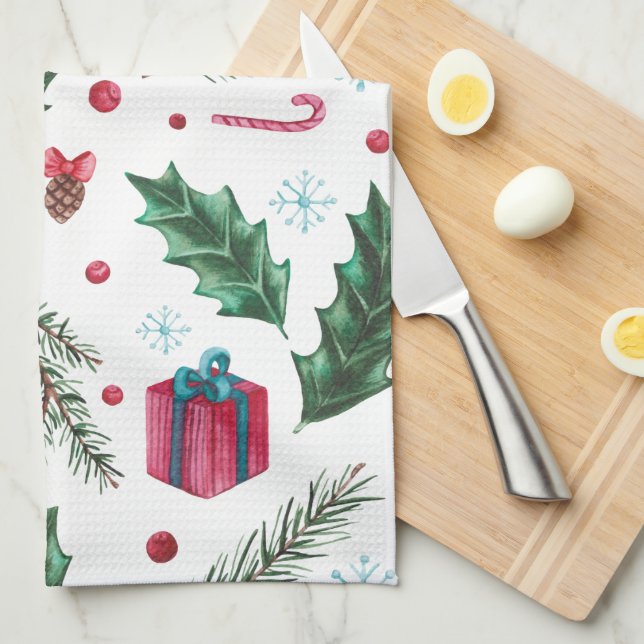 Festive Retro Christmas Mistletoe Pattern Tea Towel (Quarter Fold)