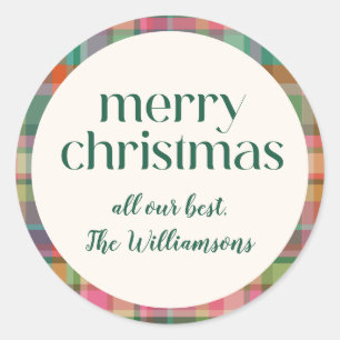 Festive Retro Christmas Plaid Cute Preppy Script Classic Round Sticker