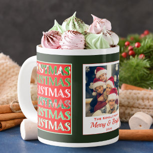 Festive Retro Forest Green Christmas Family Photo Large Coffee Mug